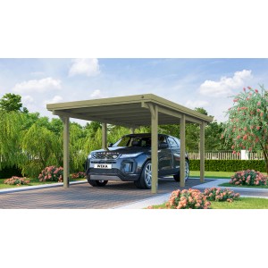 Weka Flachdach-Carport 617 mit PVC-Dachplatten und Auto. Einzelcarport mit robusten Pfosten.