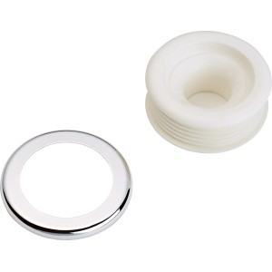 Spülrohrverbinder mit Rosette, Ø 28-32 mm, für WC-Spülrohre, aus Kunststoff, verchromte Rosette.