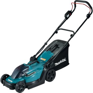 Makita Akku-Rasenmäher DLM330SM mit Akku und Ladegerät. Kompakter Rasenmäher in Grün und Schwarz.