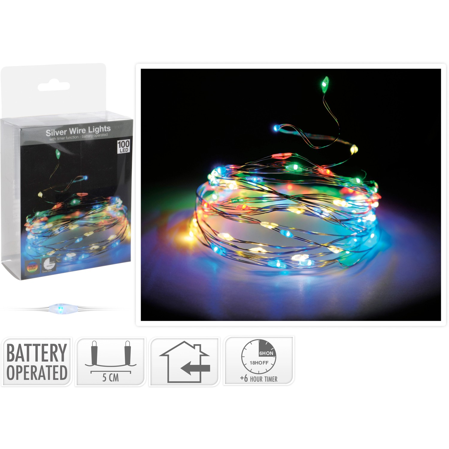 LED Lichterkette mit 100 bunten LEDs auf Silberdraht, batteriebetrieben für den Innenbereich.