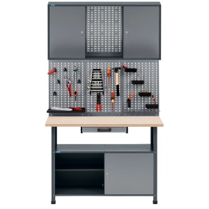 Küpper Werkbank-Set mit Hänge- und Unterschrank, Lochwand und Werkzeugen, grau-anthrazit, 204x120x60 cm.