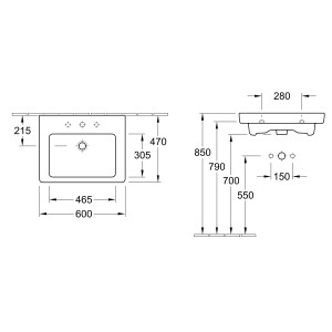 Technische Zeichnung: Villeroy & Boch Subway 2.0 Waschbecken, 60 cm, Maße und Details.