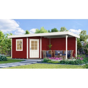 Lasiertes Weka Holz-Gartenhaus mit Flachdach und Anbau, rot, 533x279 cm.