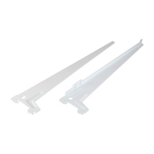 Zwei weiße Einloch-Winkelträger, 38 cm, für Regalböden und Möbelbau.