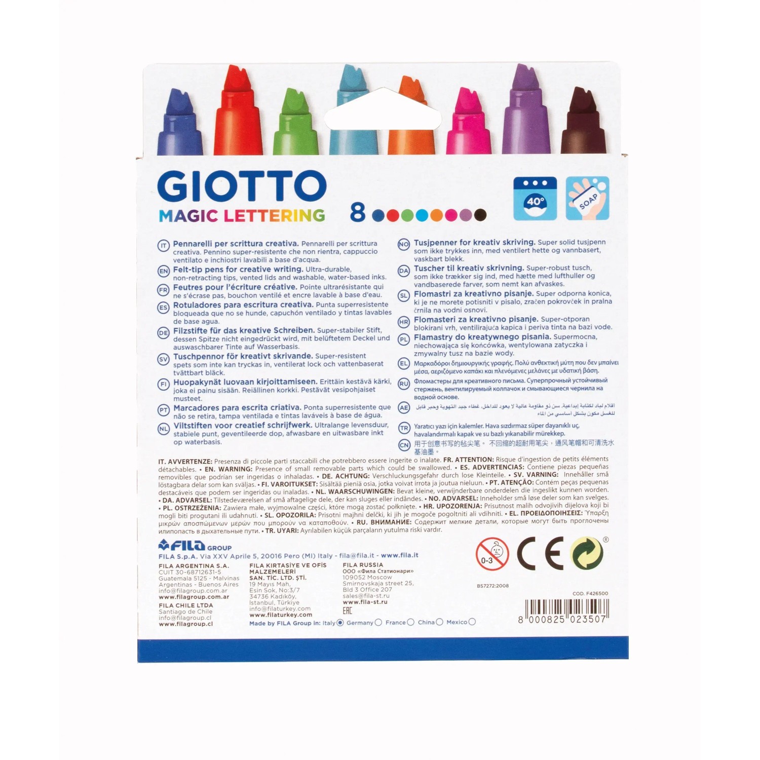 Giotto Magic Lettering Stifte, 8 Fasermaler in verschiedenen Farben mit speziell geformter Spitze.