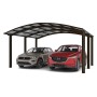 Mattbraunes Ximax Doppelcarport Portoforte-110 M mit zwei parkenden Autos.