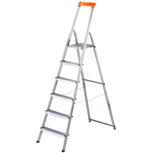 Hailo L58 Alu-Sicherheits-Stehleiter mit 6 Stufen, silberfarben und orangefarbenem Haltebügel.