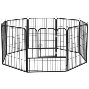 Schwarzes PawHut Freigehege für Welpen, achteckig, mit Tür. Stabiler Metall-Welpenauslauf, individuell gestaltbar.