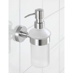 Wenko Bosio Seifenspender, silber matt, Glas satiniert, Wandmontage.