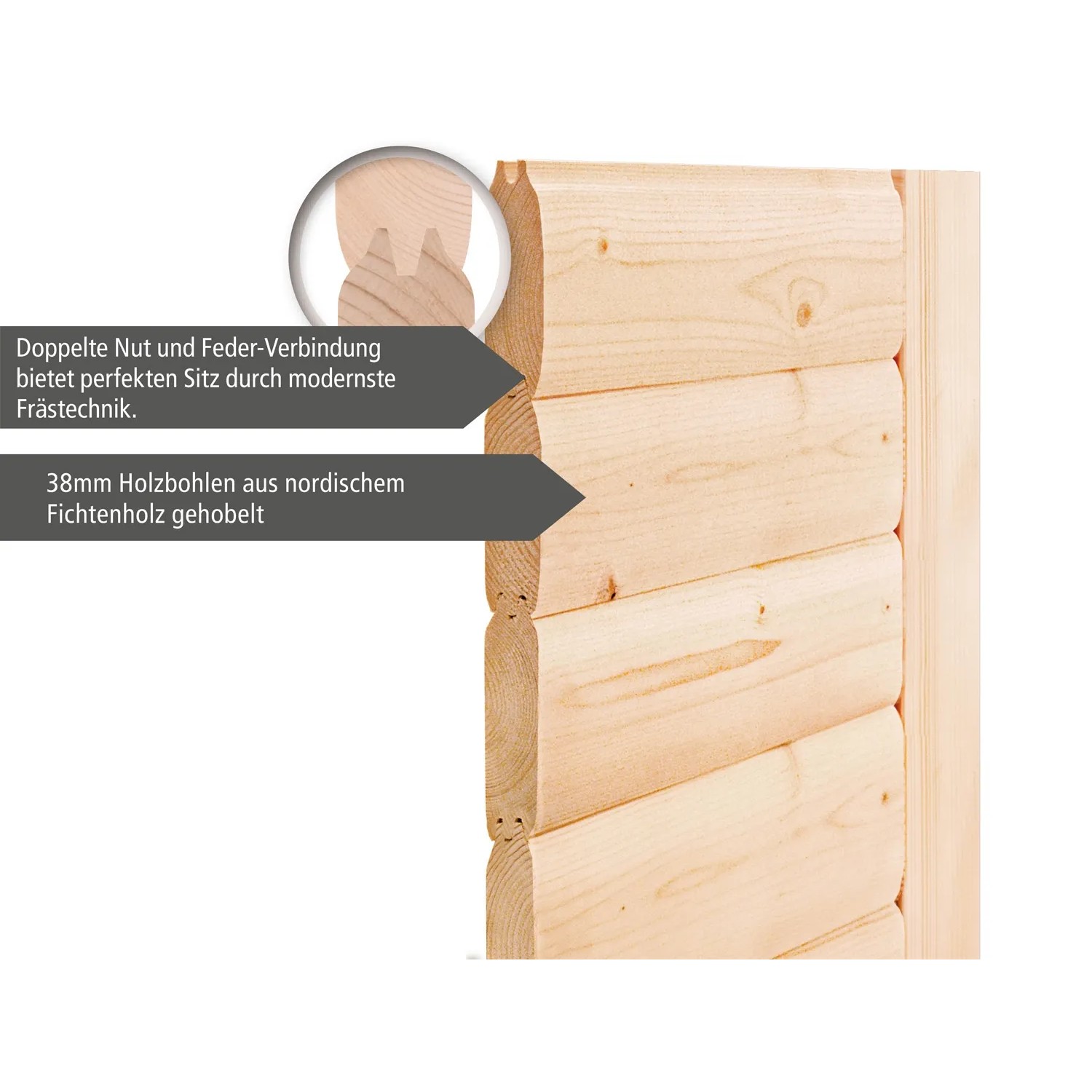 Detailaufnahme Karibu Sauna Elea: 38mm Fichtenholzbohlen mit Nut-Feder-Verbindung.