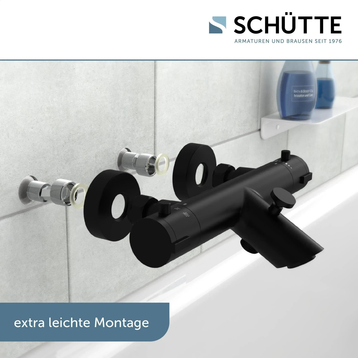 Schwarze Schütte Thermostat Badewannenarmatur London, matte Oberfläche, Wandmontage.