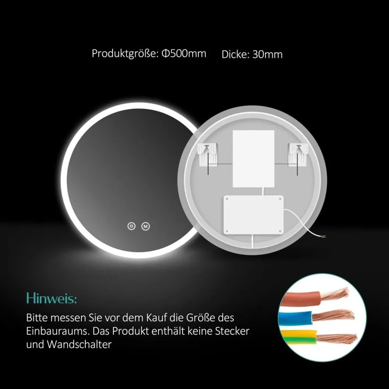 Runder Emke Badspiegel 50cm mit leuchtender LED-Kante, Touch-Steuerung und Rückansicht der Verkabelung. Beschlagfrei.