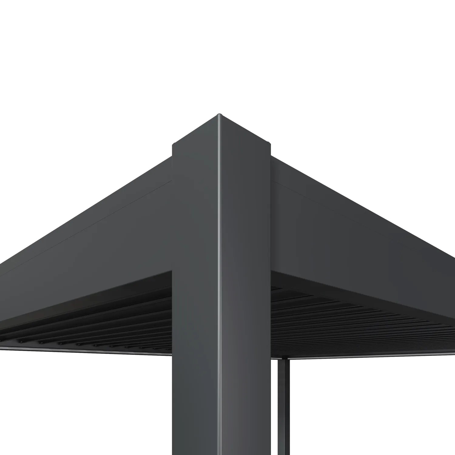 Detail des Weide Deluxe Pavillons: anthrazitfarbener Aluminiumpfosten und Lamellendach für Terrassenüberdachung.