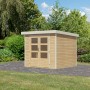Karibu Gartenhaus Diego 3 A, naturbelassen/weiß, mit Doppeltür und Kunstglasfenstern.