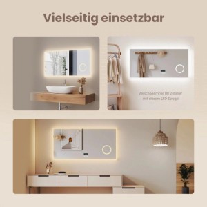 Emke LED Badspiegel 80x60 cm mit Bluetooth, 3-fach Vergrößerung, dimmbar, beschlagfrei. Vielseitig in Bad, Flur, Wohnzimmer.