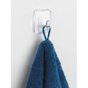 Wenko Universal-Haken 2er Set, transparent, mit blauem Handtuch. Wandhaken für Bad und Haushalt.