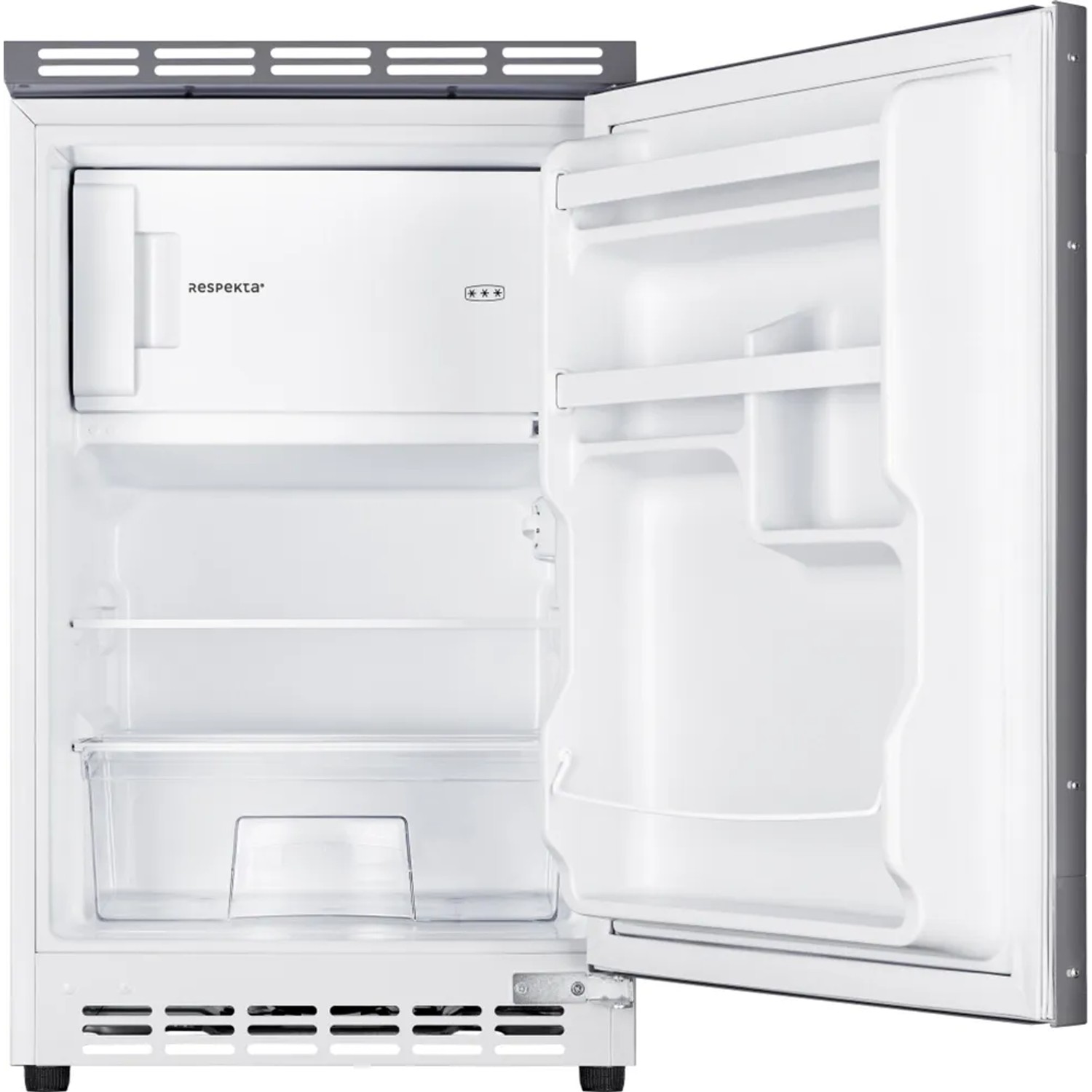 Offener Respekta Unterbau-Kühlschrank, weiß, mit Fächern und Schublade. Teil der Küchenzeile KB150ESRMIC.