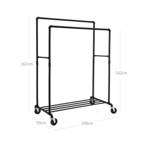 Schwarze Songmics Doppelkleiderstange mit Rollen und Ablage, 50x100x163 cm.