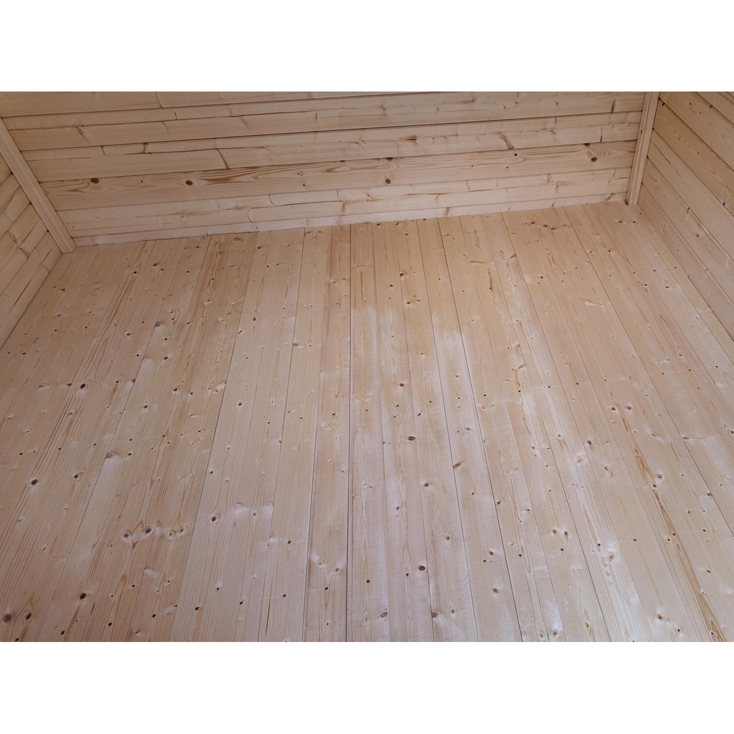 Innenansicht Gartenhaus weka 122: Holzwände und -boden aus hellem Holz. Satteldachkonstruktion sichtbar.