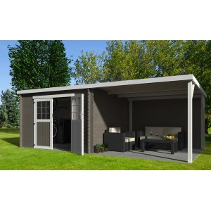 Holz-Gartenhaus Eden mit Anbau, 610x298cm, unbehandelt. Ideal als Geräteschuppen oder Gartenpavillon.