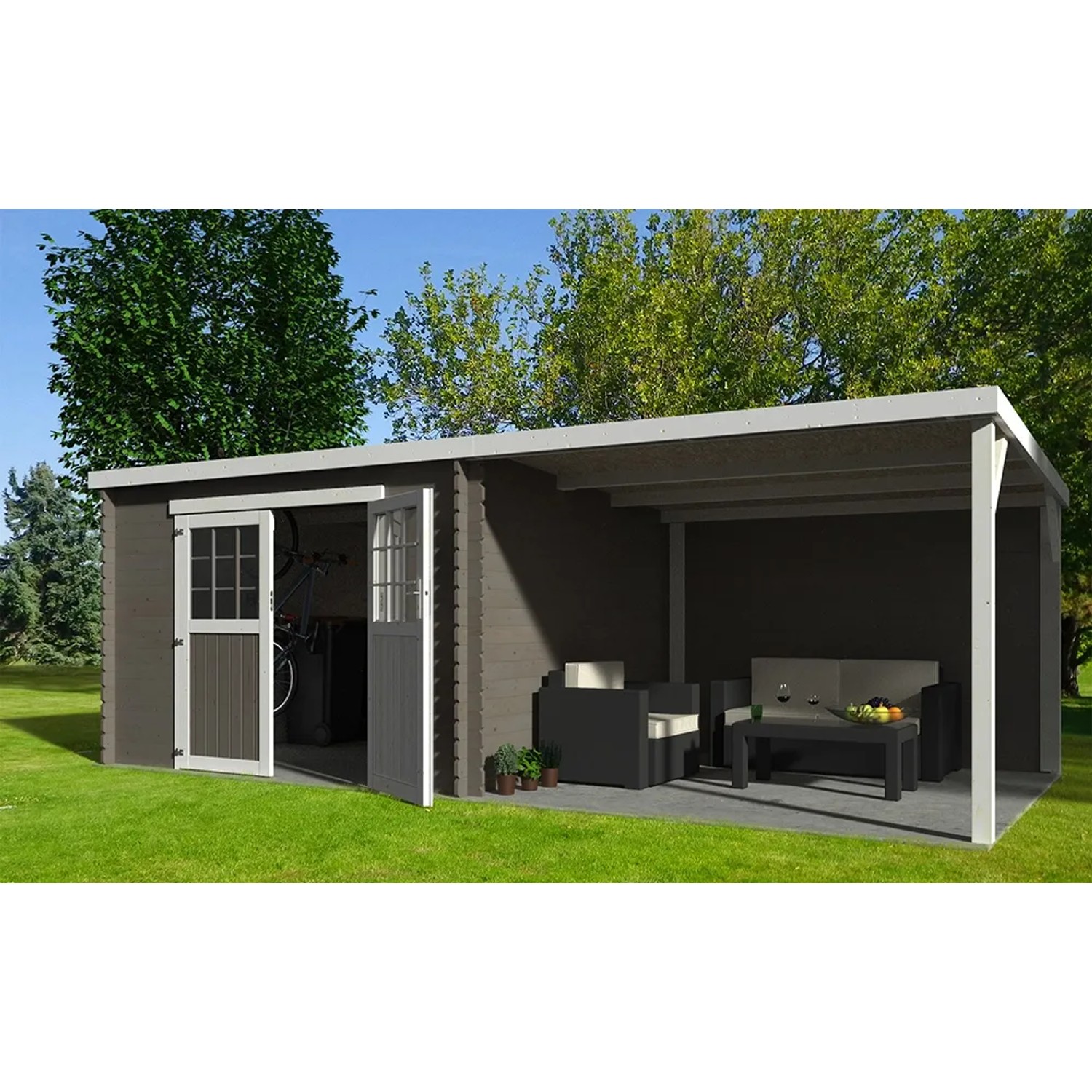 Holz-Gartenhaus Eden mit Anbau, 610x298cm, unbehandelt. Ideal als Geräteschuppen oder Gartenpavillon.