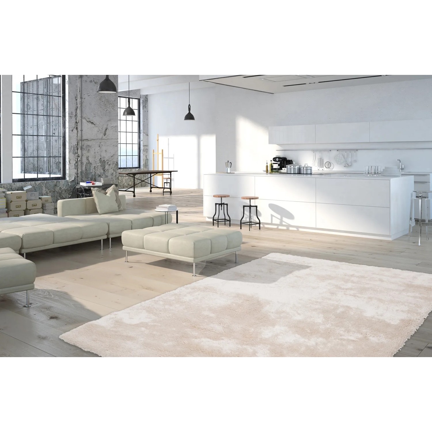 Hochflorteppich Aveiro 660 Ivory, 80x150 cm. Weicher, heller Teppich im Wohnzimmer.