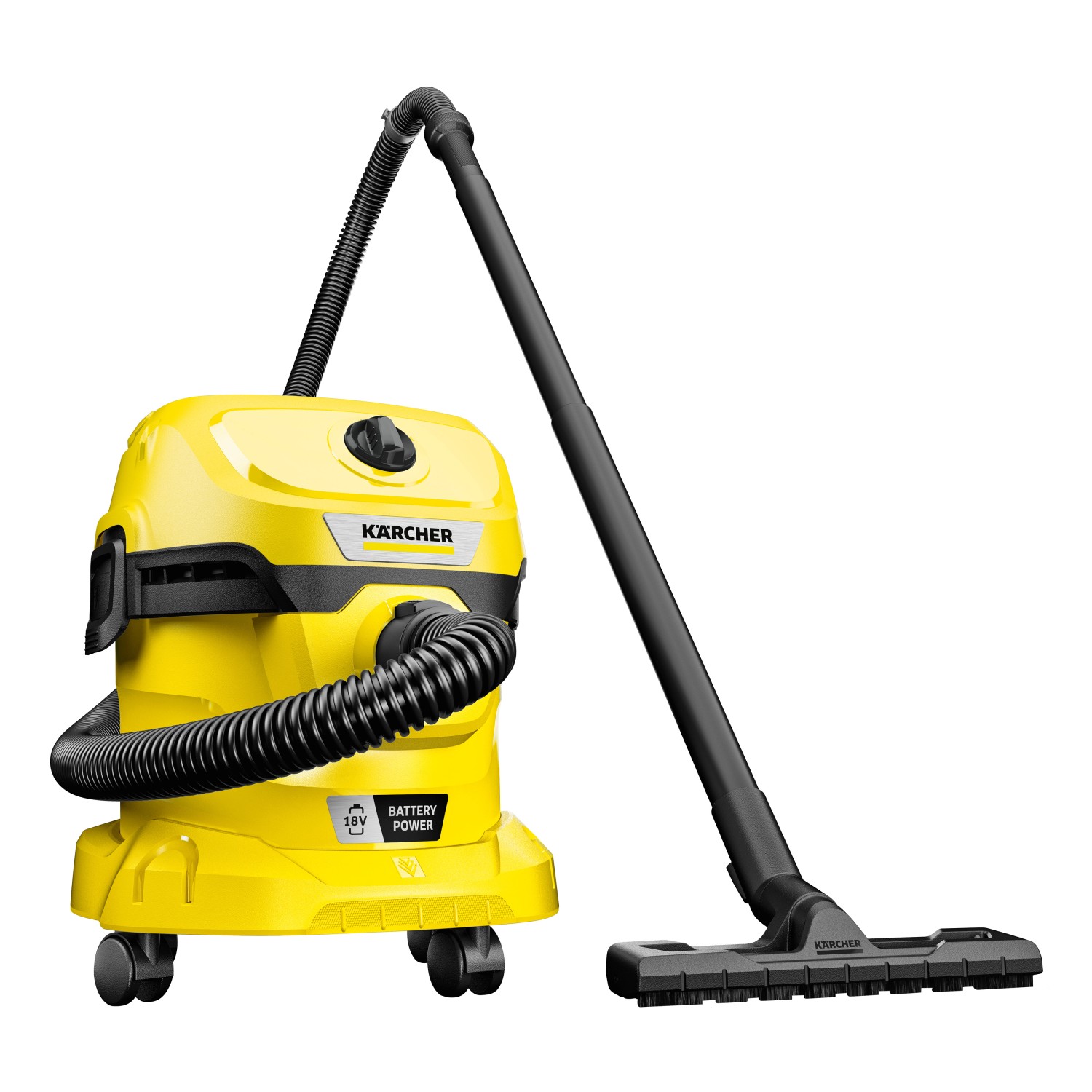 Gelber Kärcher Akku Nass-Trockensauger WD 2-18 mit Zubehör.