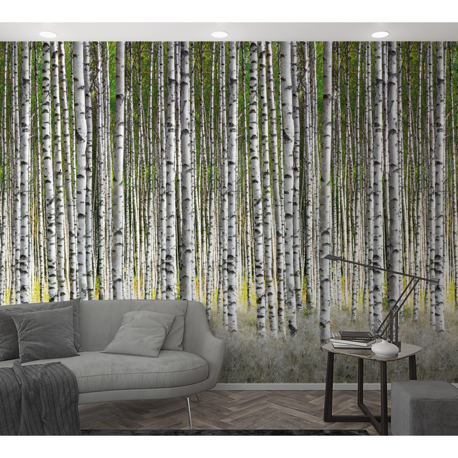 Marburg Vliestapete Floral Weiß-Grün mit Birkenwald-Motiv im Wohnzimmer.