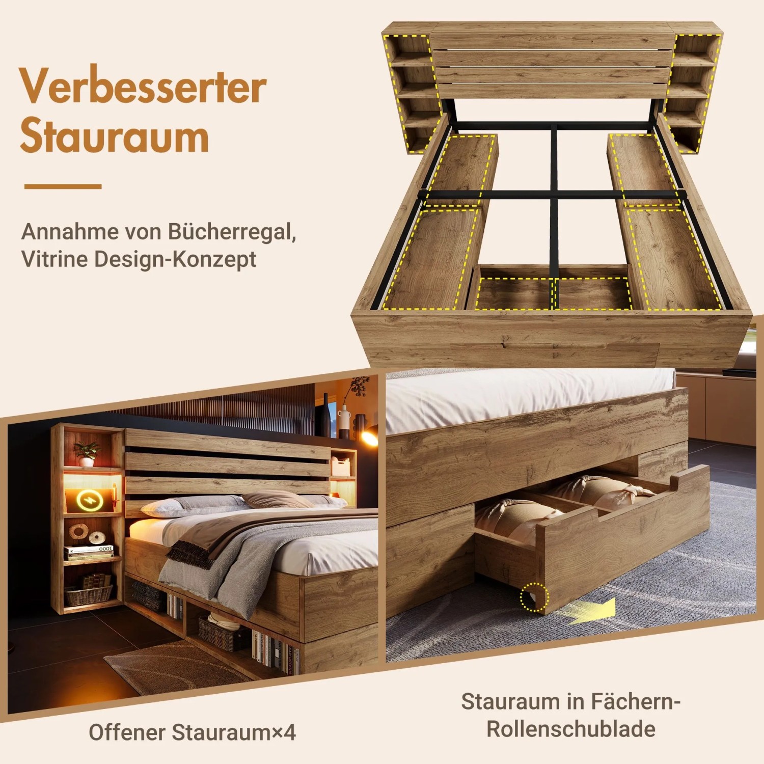 okwish Holzbett 160x200cm mit LED USB Stauraum Kopfteil Schlafzimmer Eiche ohne Matratze_9