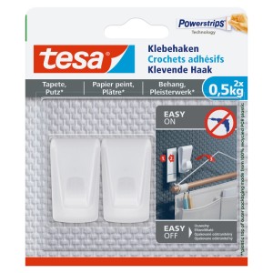 Tesa Klebehaken für Tapete/Putz, 2er-Pack, je 0,5 kg Tragkraft, weiß. Ideal zum Aufhängen ohne Bohren.