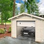 Palmako Holzgarage Roger mit Sektionaltor und Auto. Fertiggarage aus Holz mit Fenster.