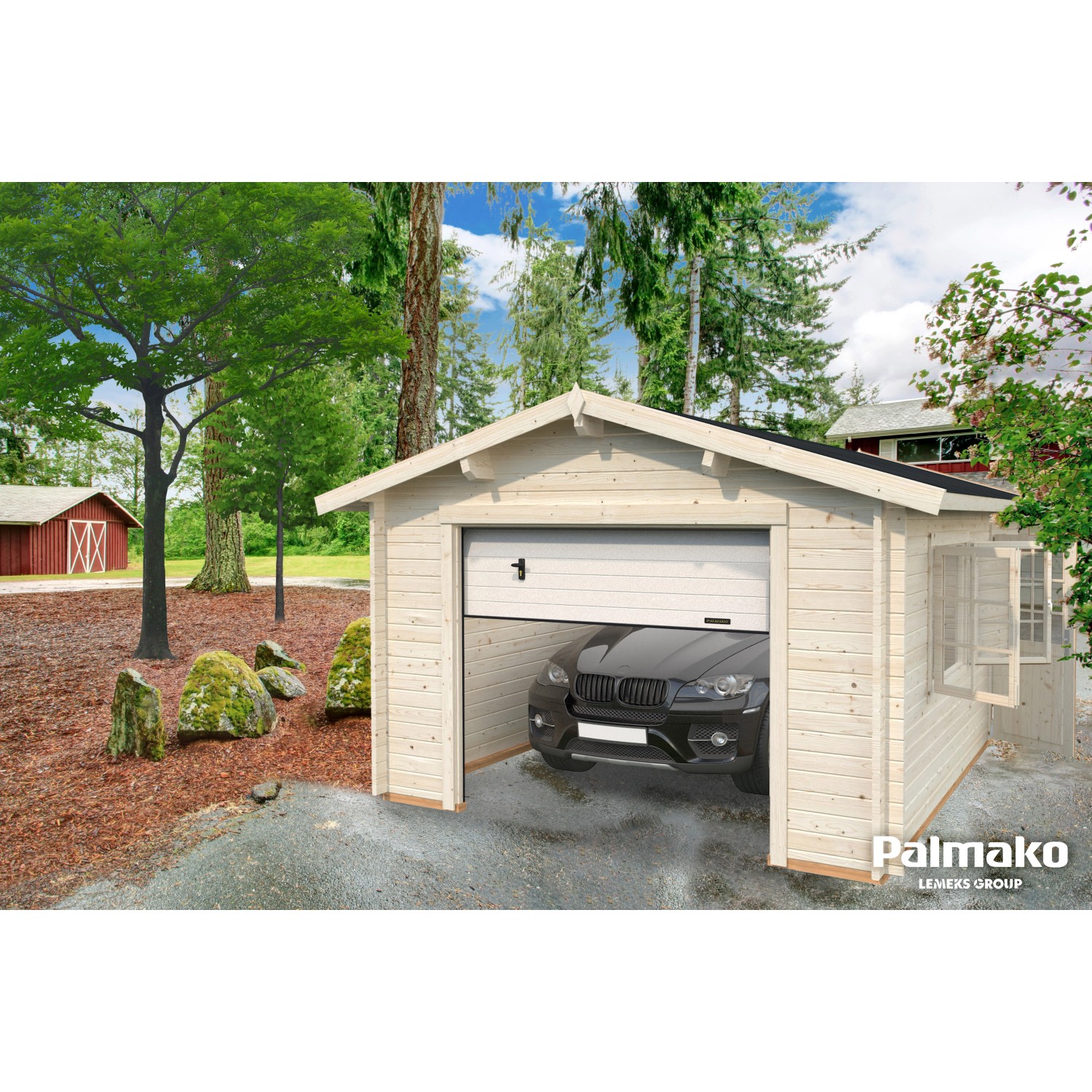 Palmako Holzgarage Roger mit Sektionaltor und Auto. Fertiggarage aus Holz mit Fenster.