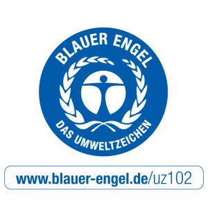Blaues rundes Gütesiegel mit weißer stilisierter Figur, Lorbeerkranz und Schriftzug "Blauer Engel". URL.