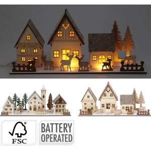 LED Deko-Weihnachtsszenerie aus Pappelholz, weiß-natur, 2-fach sortiert mit Häusern und Tieren.