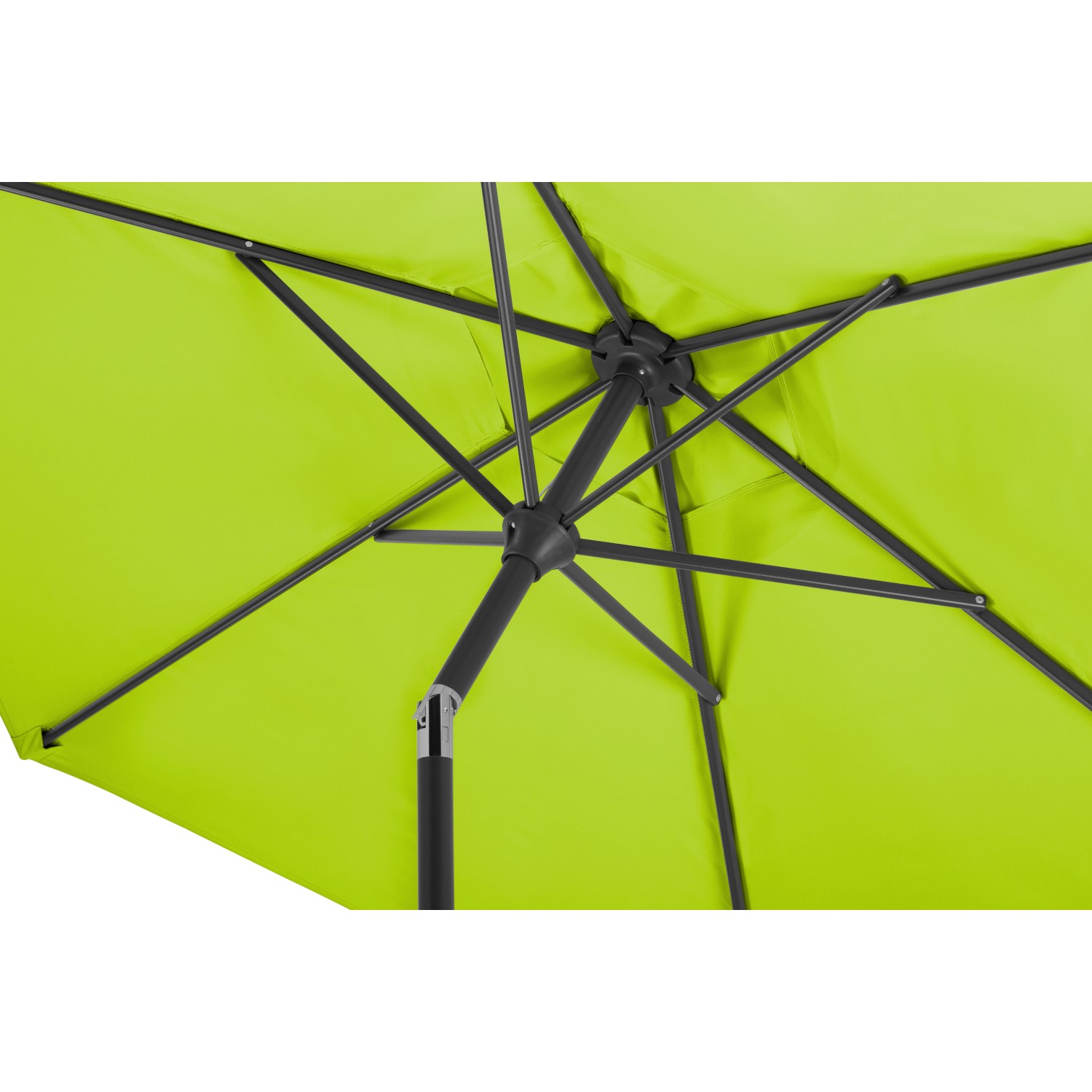 Detailaufnahme: Schneider Marktschirm in Apfelgrün, Blick von unten auf das Gestell und den Bezug.