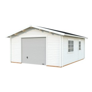 Weiße Palmako Garage Roger mit Sektionaltor, Fenster und Tür. Fertiggarage aus Holz.