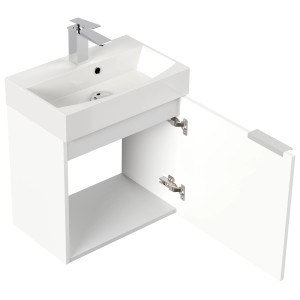Posseik Badmöbel Cubi Slimline, 50 cm, Weiß Hochglanz mit offenstehender Tür.