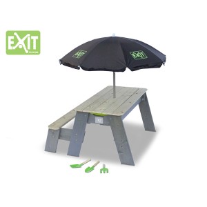 EXIT Aksent Sand-, Wasser- und Picknicktisch mit Sonnenschirm und Gartenwerkzeug.