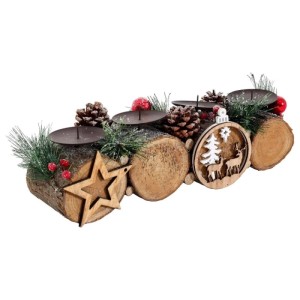 Adventsgesteck aus Holz mit 4 Kerzenhaltern, Tannenzapfen und Stern, ohne Kerzen.