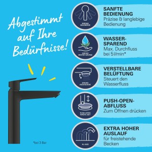 Schwarze Grohe Waschtischarmatur XL-Size mit hohem Auslauf für freistehende Waschbecken.