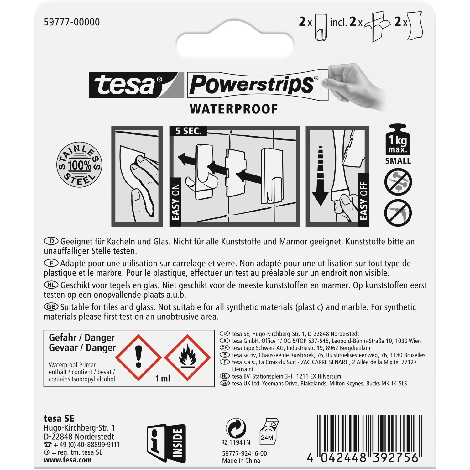 Tesa Powerstrips Haken Waterproof Zoom Edelstahl Small 2er-Pack für Bad & Küche.
