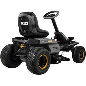 Texas Akku-Rasentraktor Epsilon R7600Li, 76 cm Schnittbreite, mit großem Sitz und gelben Felgen.