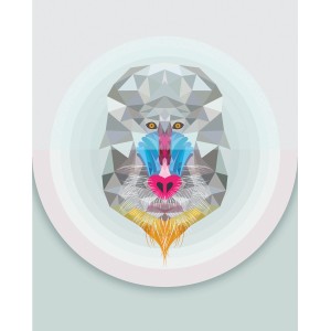 Komar Wandbild Baboon (40x50 cm) mit geometrischem Affen-Motiv in Grau, Blau und Pink.