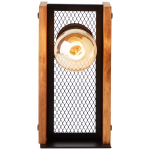 Schwarze Brilliant Tischleuchte Calandra, 25 cm hoch, mit Holzrahmen und Metallsieb.