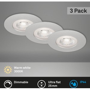 Brilo LED-Einbauleuchten Kulana, 3er-Set, dimmbar, chrom-matt. Ideal für Bad, IP44.