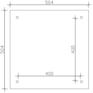 Grundriss des Skan Holz Pavillon Cannes 3, 424x424 cm, mit Maßangaben für Fundamentpunkte.