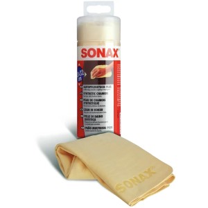 Sonax Autopflegetuch Plus Chamois im Set mit Box, gelbes, saugfähiges Tuch für die Autopflege.