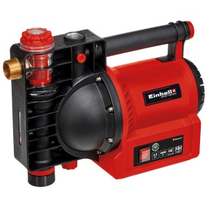 Einhell GE-GP 1145 ECO Gartenpumpe: Rote Elektropumpe mit schwarzem Griff und Wasserfüllanzeige.
