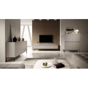 Modernes Selsey TV-Lowboard Bemmi 150 cm, kaschmirgrau mit schwarzen Beinen, in Wohnzimmer. Zwei Fächer.