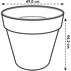 Skizze: Elho Loft Urban Blumentopf, rund, Ø 48,5 cm. Pflanzkübel mit Maßangaben.